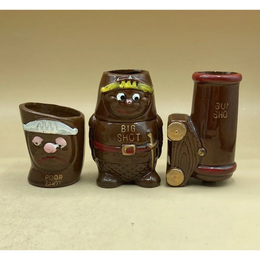 Vintage JAPANESE Red Ware Shot Glass Lot Gun Shot Big Shot Poor Shot LOT 3 READ